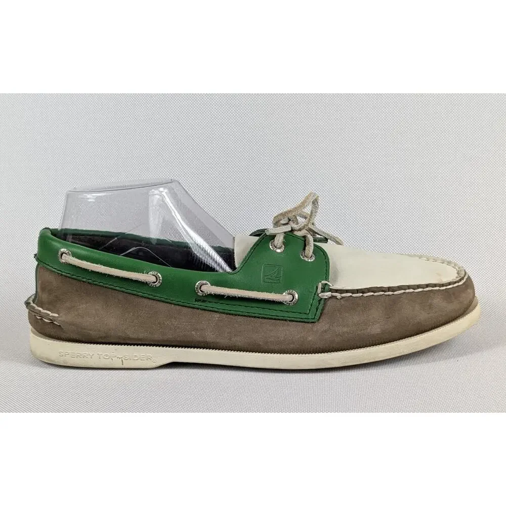 Sperry Top Sider Boat Shoes Mens Size 11M Green White Brown Leather Two Eyelet